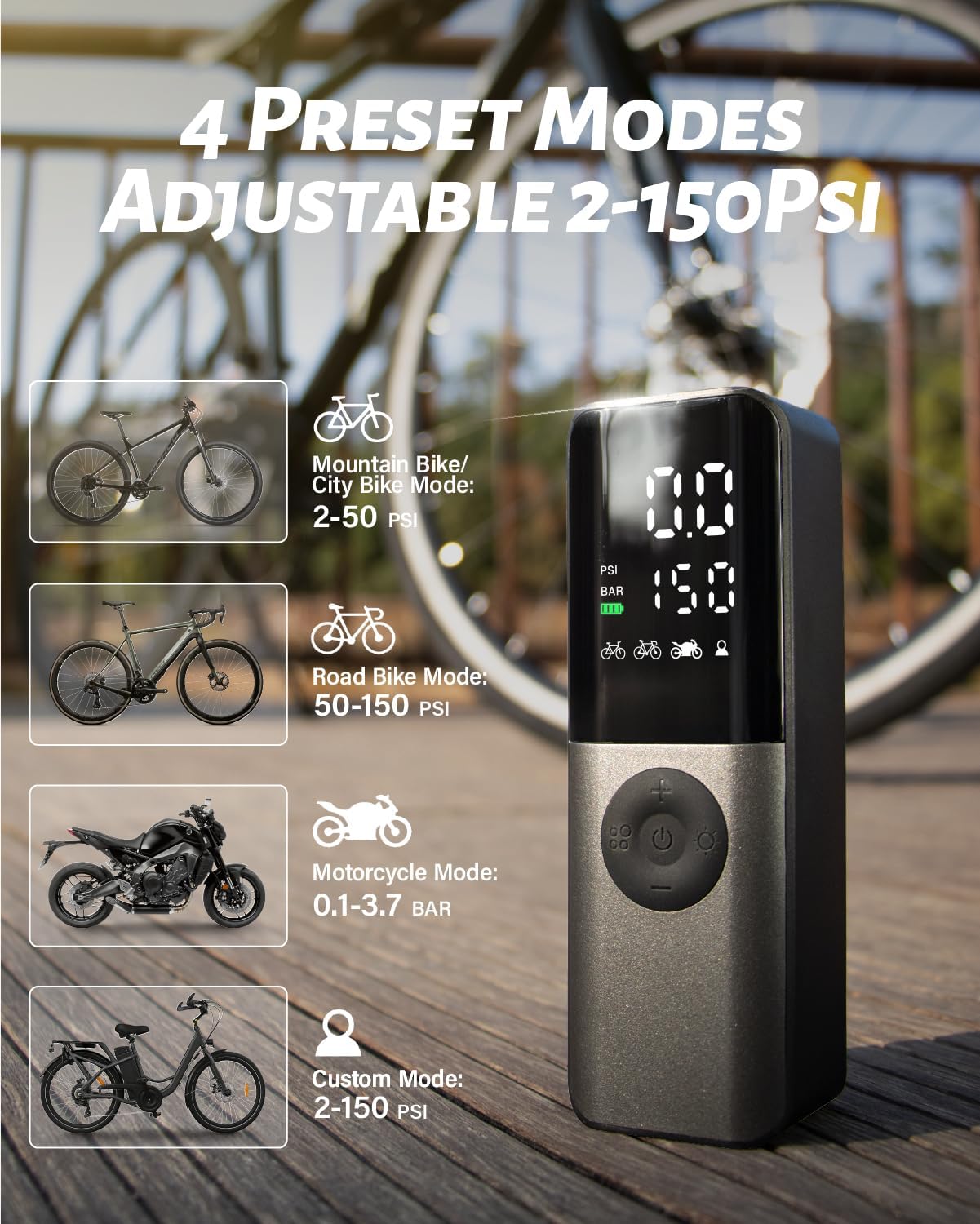 Pompe à vélo électrique, gonfleur portable 150 psi avec manomètre numérique pour vélo électrique