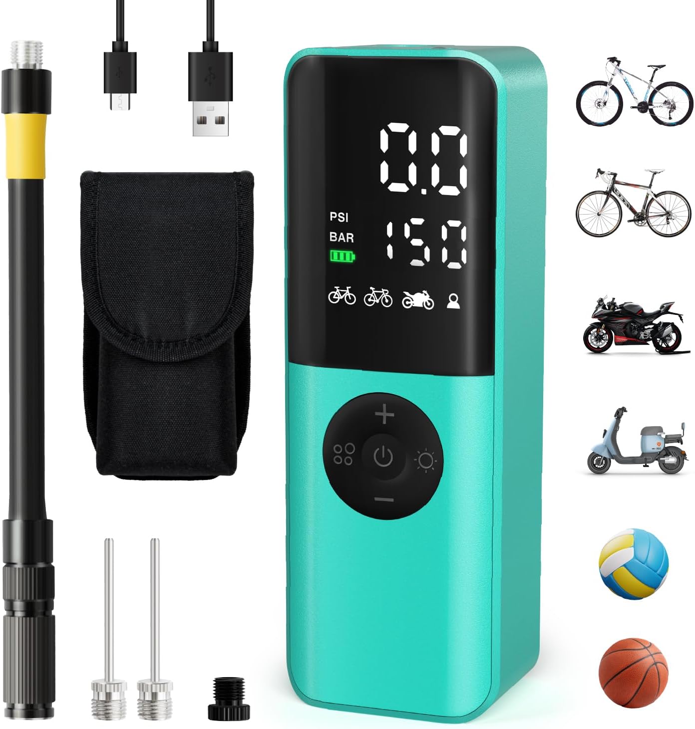 Pompe à vélo électrique, gonfleur portable 150 psi avec manomètre numérique pour vélo électrique