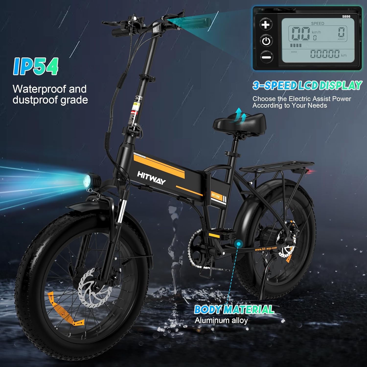 HITWAY Foldable Electric Bike – Removable Battery, 20-55 Mile Range, Compact 20″ Wheels