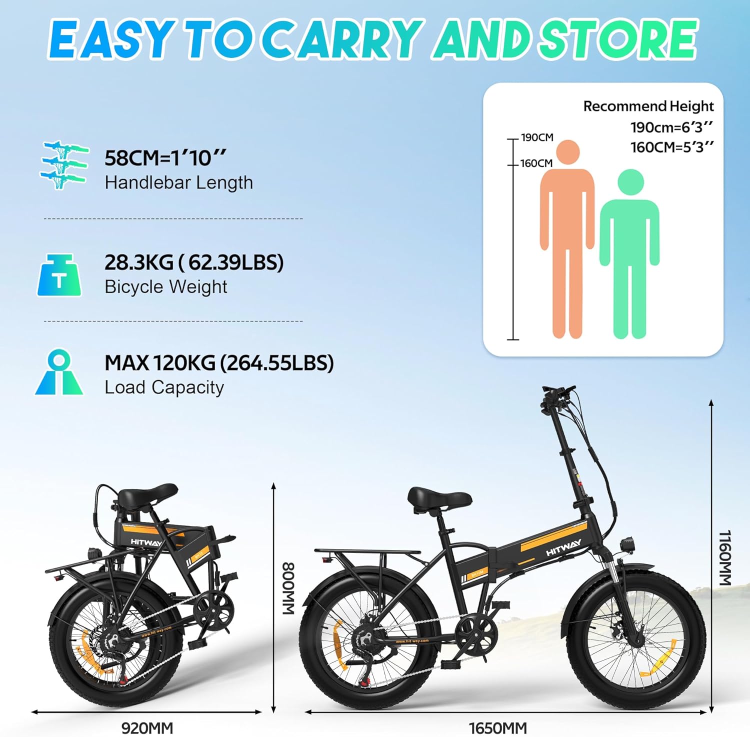 HITWAY Foldable Electric Bike – Removable Battery, 20-55 Mile Range, Compact 20″ Wheels